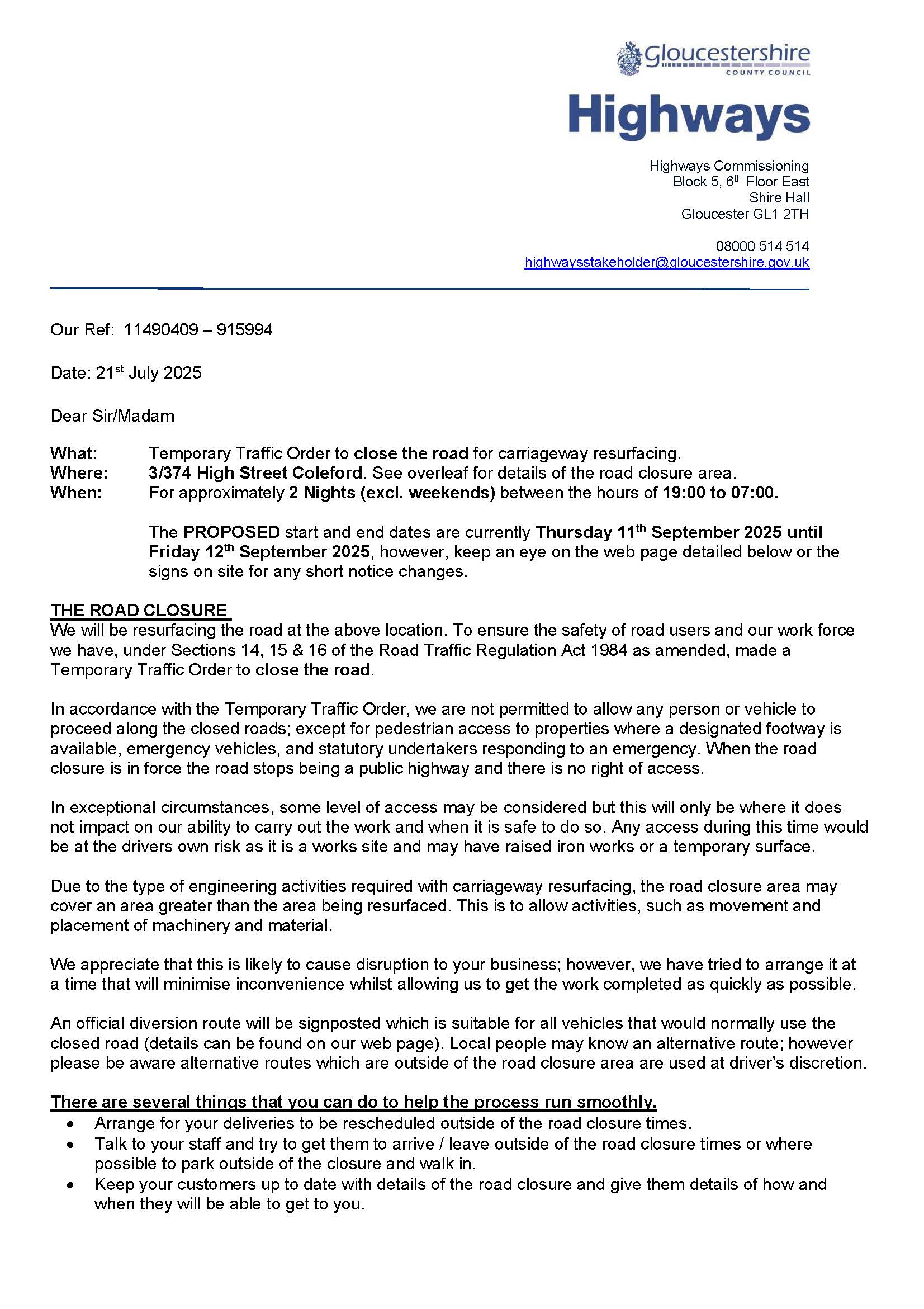 Highways: High Street Coleford resurfacing starting 11th September – NIGHT WORKS.